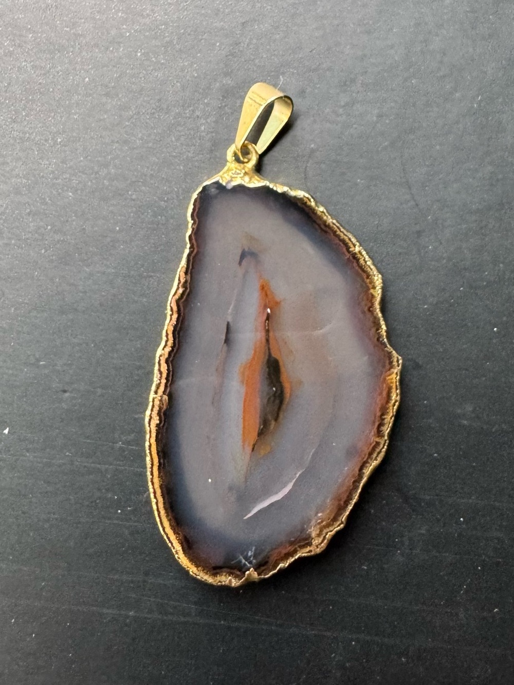 Gold-Trim Agate Slice Pendant in Gray and Brown